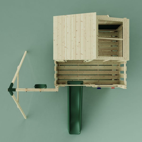 Draufsicht eines Spielhauses mit Rutsche und Schaukel