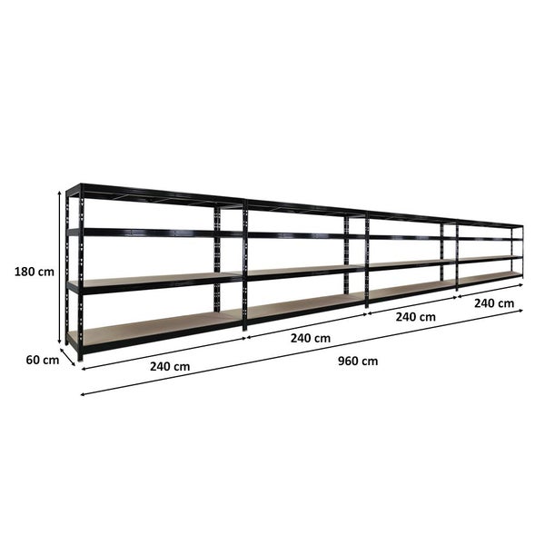 PROREGAL Mega Deal 4x Profi Schwerlastregal Rhino, HxBxT 180x240x60cm, 4 Spanplatten-Ebenen 8mm, Fachlast 450kg, Schwarz