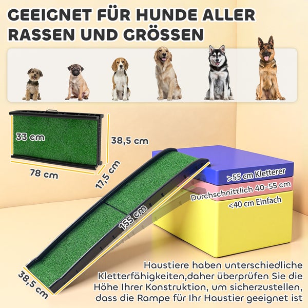 Klappbare Hunderampe mit Kunstrasen für alle Hunderassen. Maße auseinandergeklappt 155 mal 38,5 Zentimeter, zusammengeklappt 78 Zentimeter Länge.