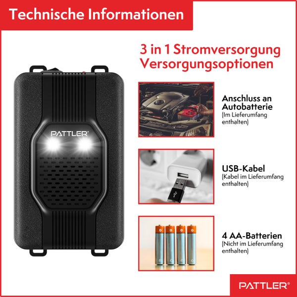 PATTLER® Marderschreck Auto mit Blitzlicht - Flexible Stromversorgung - 12V Autobatterie, AA-Batterie oder USB - Effektiver Marderschutz für Auto, Garten, Dachboden - 1 Stück