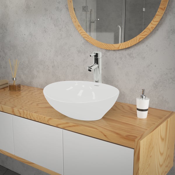 ECD Germany Waschbecken Waschtisch 410x330x142 mm aus Keramik Weiß inkl. Ablaufgarnitur für Waschbecken ohne Überlauf Aufsatzbecken Aufsatzwaschbecken Aufsatzwaschtisch Waschschale Spülbecken Becken