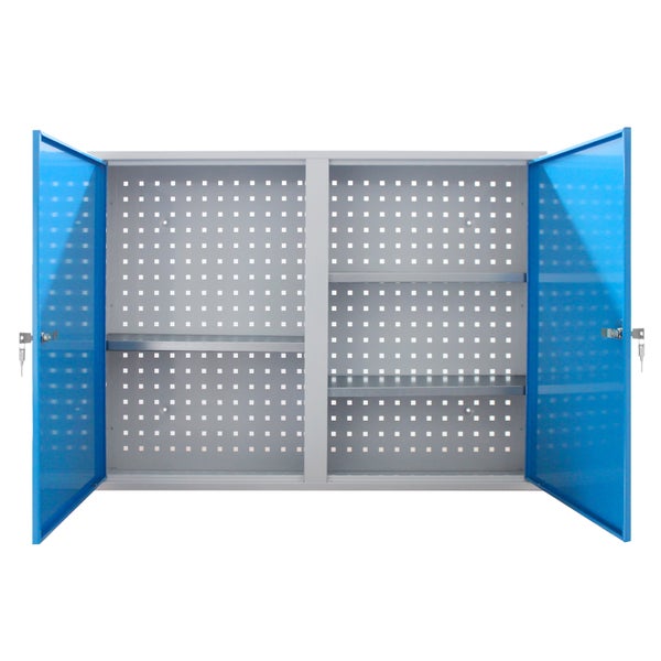 PROREGAL Werkzeugwandschrank mit 2 Türen 3 Fachboden HxBxT 75 x 100 x 20 cm Lichtgrau Blau