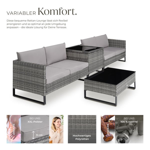 Modulare Polyrattan Gartenlounge mit zwei Sofas, Beistelltisch, Couchtisch mit Glasplatte, 9 Zentimeter dicken Polstern und rostfreien Schrauben.