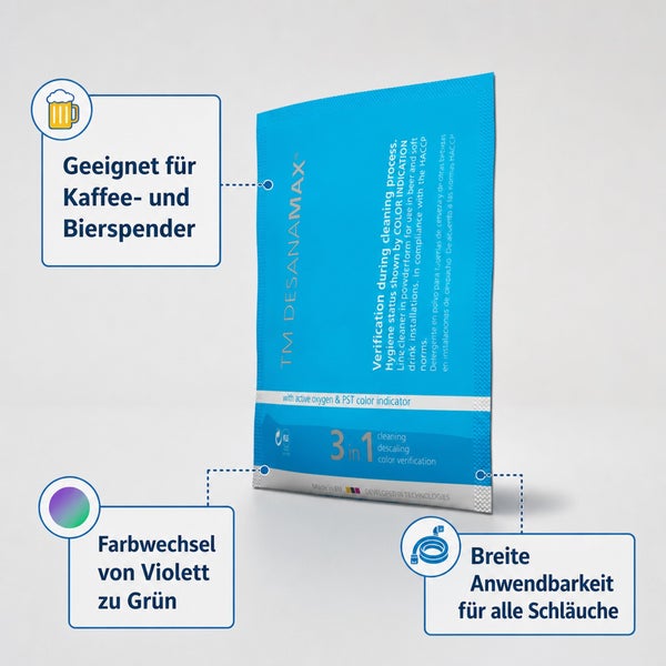 Reinigungsbeutel für Kaffee und Bierspender mit Farbwechsel von Violett zu Grün und Eignung für alle Schlauchtypen.