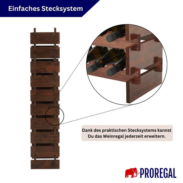 Modulares Weinregal aus Holz von Proregal mit einfachem Stecksystem zur flexiblen Erweiterung für Weinflaschen.