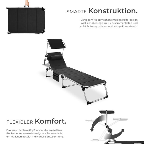 Sonnenliege tectake Lorella 220 x 60,5 x 34 cm, mit Seitentasche  gepolstert, klappbar schwarz
