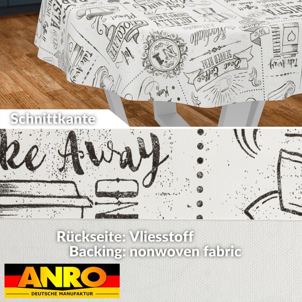 Wachstischdecke mit Kaffeemotiven, Detailansicht der Schnittkante und der Vliesrückseite. ANRO Logo.
