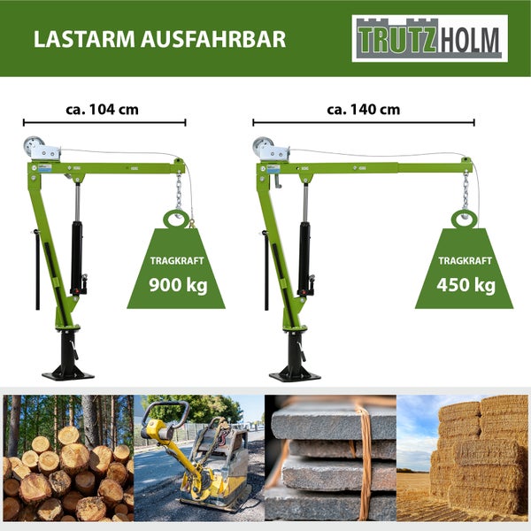 Trutzholm ausfahrbarer Lastarm mit verstellbarer Ausladung von 104 cm bis 140 cm und variabler Tragkraft von 900 kg bis 450 kg.