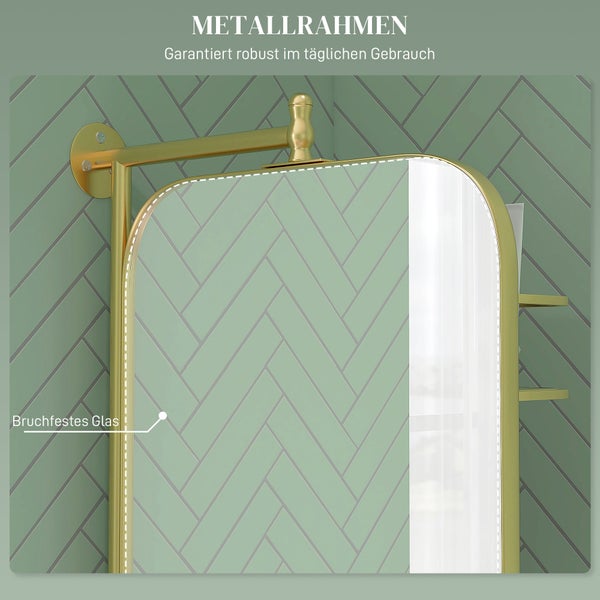 HOMCOM Badezimmerspiegel schwenkbar Wandspiegel, 40 x 66 cm Schminkspiegel mit 2-stufiger Ablagefläche, Metallrahmen, Gold