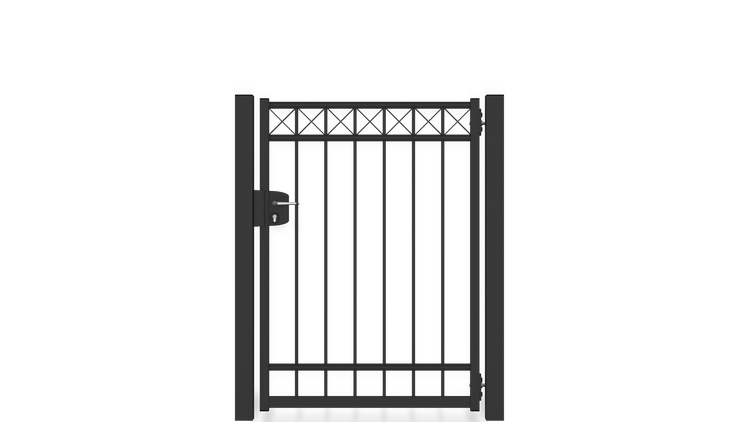 Gartentor ZAUNGURU BASIC-Linie Oldenburg Kreuz aus Metall, Höhe: 143cm, Breite: 123cm, 1-flügelig inkl. Pfosten, Schloss und Zubehör, Feuerverzinkt und in RAL 7016 Anthrazitgrau pulverbeschichtet
