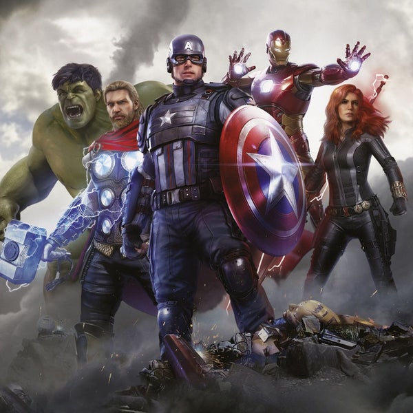 Darstellung des Avengers-Teams mit Captain America, Iron Man, Thor, Hulk und Black Widow