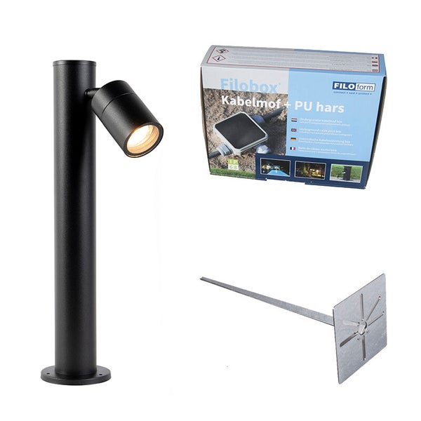 Schwarze Außenstehleuchte mit verstellbarem Strahler, inklusive Erdspieß und Filobox Kabelabzweigkasten Set für die Gartenbeleuchtung