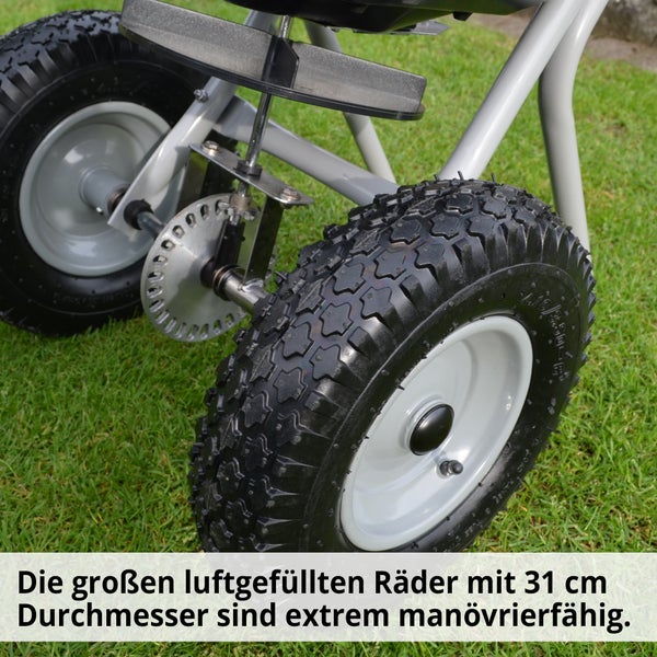 Detailansicht der luftgefüllten Räder eines Düngerstreuers für den Garten