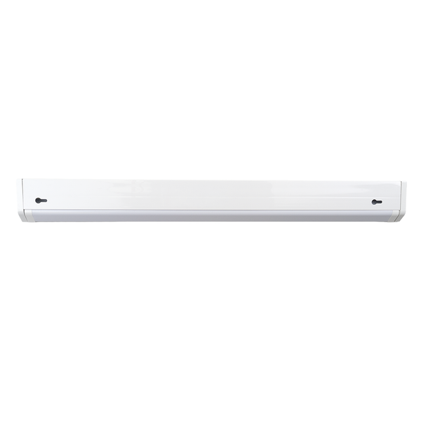 Weiße lineare LED-Unterbauleuchte mit rückseitigen Montageöffnungen zur Befestigung.