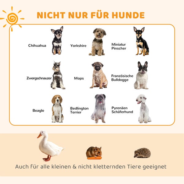 Infografik mit Hunderassen wie Chihuahua, Mops und Beagle sowie Ente, Hamster und Igel. Geeignet für kleine und nicht kletternde Tiere.
