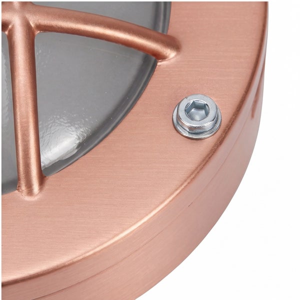 Detailansicht einer runden Außenleuchte mit Metallgehäuse und Schutzgitter vor dem Glasdiffusor.