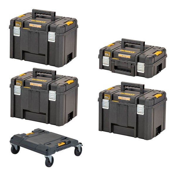 DeWalt TSTAK Werkzeugkoffer-Set bestehend aus vier stapelbaren Koffern und einem Transportroller mit Lenkrollen.