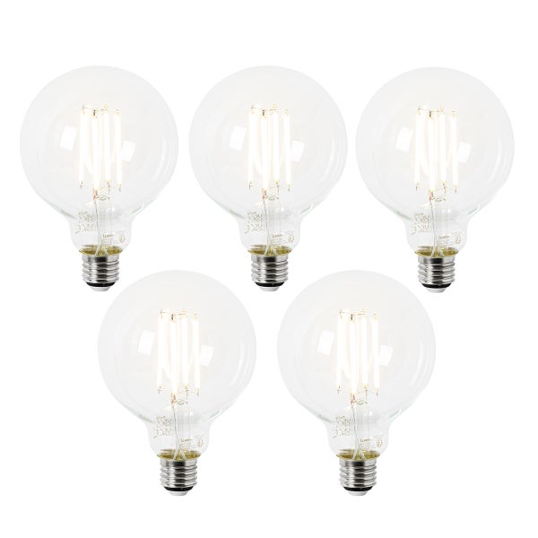 Fünf LED-Filament-Leuchtmittel in Globe-Form mit E27-Sockel.