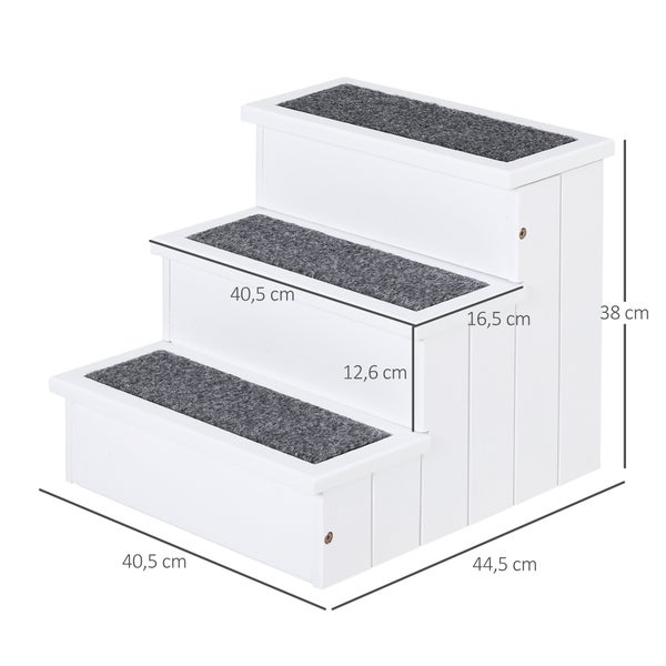 PawHut Hundetreppe 3 Stufen Katzentreppe Haustiertreppe Hundetreppe für Hunde und Katzen Tiertreppe Einstiegshilfe mit Teppich Stauraum für Sofa Bett Tannenholz Weiß 40,5 x 44,5 x 38 cm
