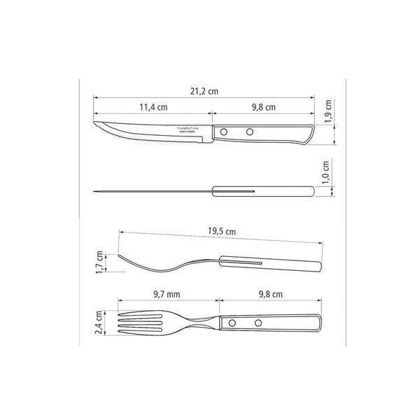 Technische Zeichnung von Messer und Gabel mit Maßangaben
