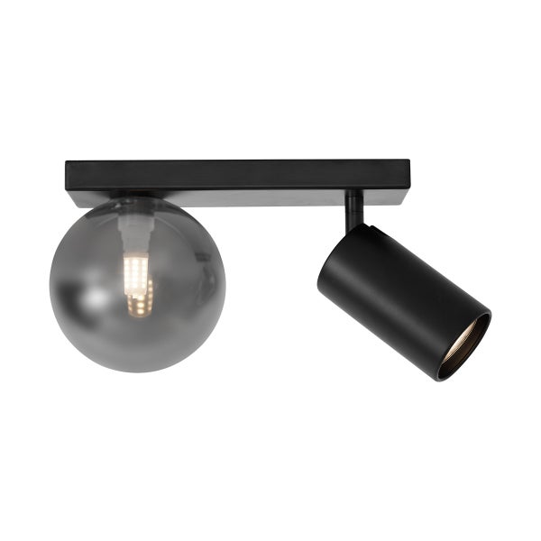 Moderne Deckenleuchte in Schwarz mit einem verstellbaren Strahler und einer Kugel aus Rauchglas.