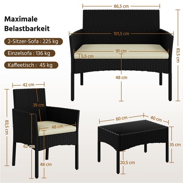 Maße des schwarzen Gartenmöbelsets mit Sofa, Sessel und Tisch