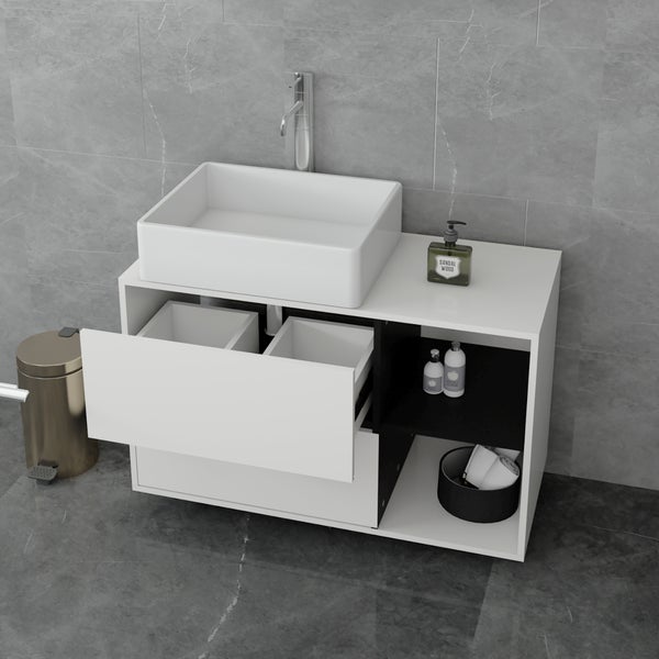ML-Design Badmöbel-Set 4-teilig Badezimmermöbel Set Badmöbel Komplettset, Spiegelschrank Waschtisch mit Unterschrank Hochschrank Waschmaschinenschrank Badezimmerschrank, Modern Weiß Holz viel Stauraum