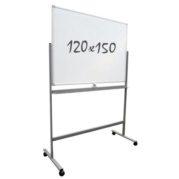 Mobiles Whiteboard, 120 mal 150 Zentimeter, auf Rollen mit Metallgestell und Ablageleiste.
