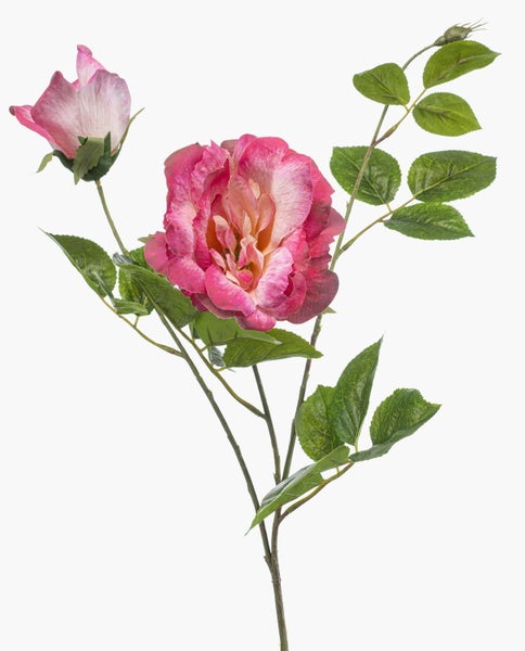 Künstlicher Rosenzweig mit einer rosa Blüte, einer Knospe und grünen Blättern aus Textilmaterial.