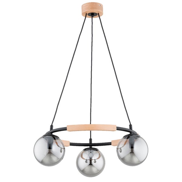 Dreiflammige Pendelleuchte mit Holz und Glaskugeln im modernen Design