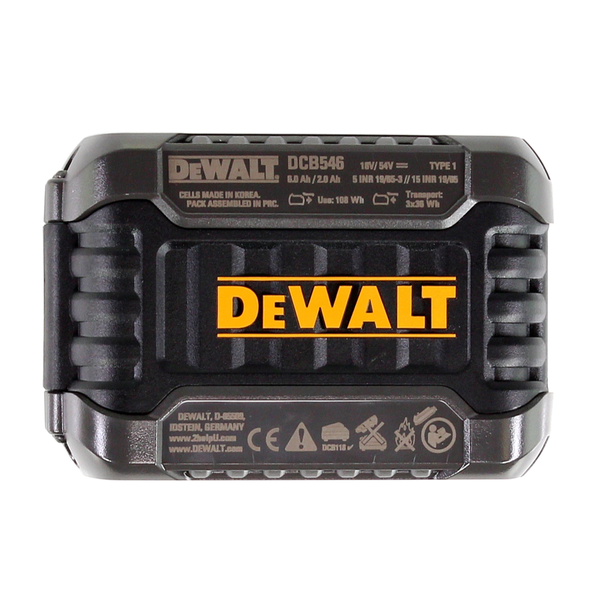 DeWALT Akku DCB546 XR FLEXVOLT mit 18 Volt oder 54 Volt und 6,0 Amperestunden, DeWALT Logo und technischen Daten.