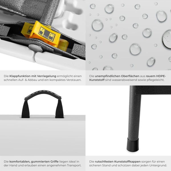 Klappfunktion mit Verriegelung, wasserabweisende HDPE-Oberfläche, gummierter Tragegriff und rutschfeste Kunststoffkappen eines Klapptisches.
