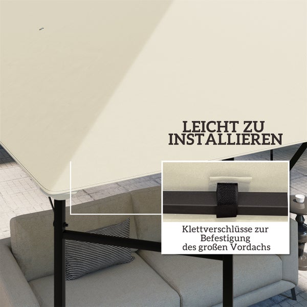 Pavillondach mit Klettverschlüssen zur einfachen Befestigung am Gestell über einem Loungesofa.