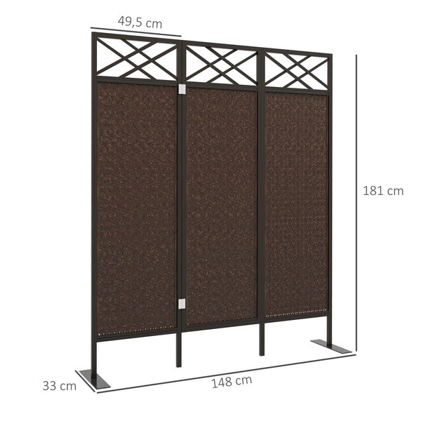 Outsunny Paravant, Garten Raumteiler mit Rattanoptik, 148 x 181 cm, Stahl, Dunkelbraun