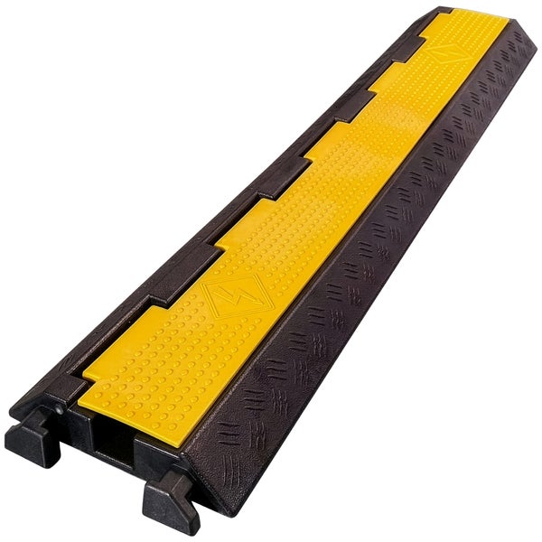 Kabelbrücke aus Gummi in Schwarz und Gelb mit klappbarem Deckel und profilierter Oberfläche.