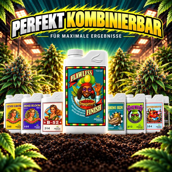 Advanced Nutrients Pflanzendünger Serie in verschiedenen Flaschengrößen für die Pflanzenpflege und Ertragssteigerung bei Indoor Kulturen.
