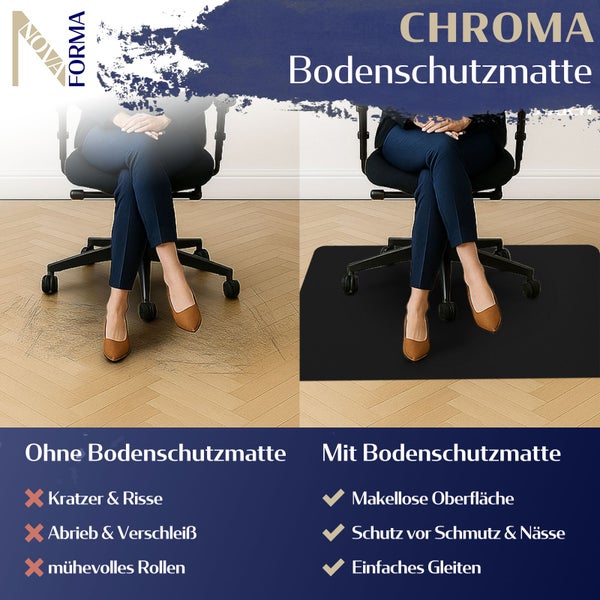Chroma Bodenschutzmatte im Vergleich: ohne und mit Bodenschutzmatte unter einem Bürostuhl.