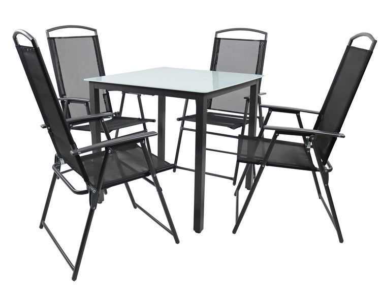 Gartentischgruppe mit vier verstellbaren Stühlen und einem Tisch mit Glasplatte