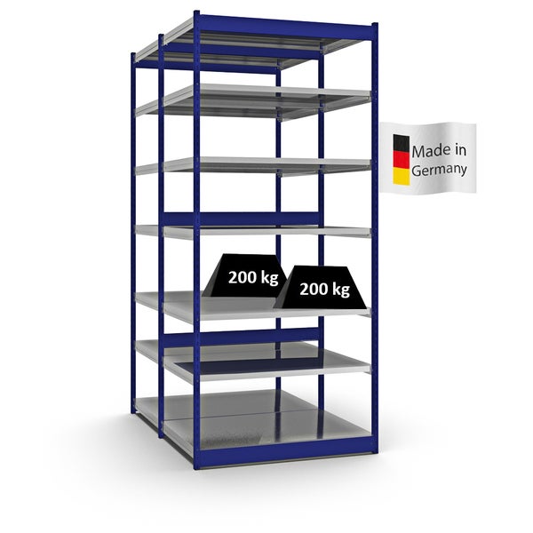 PROREGAL Fachbodenregal Stecksystem Vierkant-Profil Grundregal HxBxT 300 x 132,5 x 80 cm 2x7 Ebenen Doppelseitige Bauart Fachlast 200 kg Enzianblau