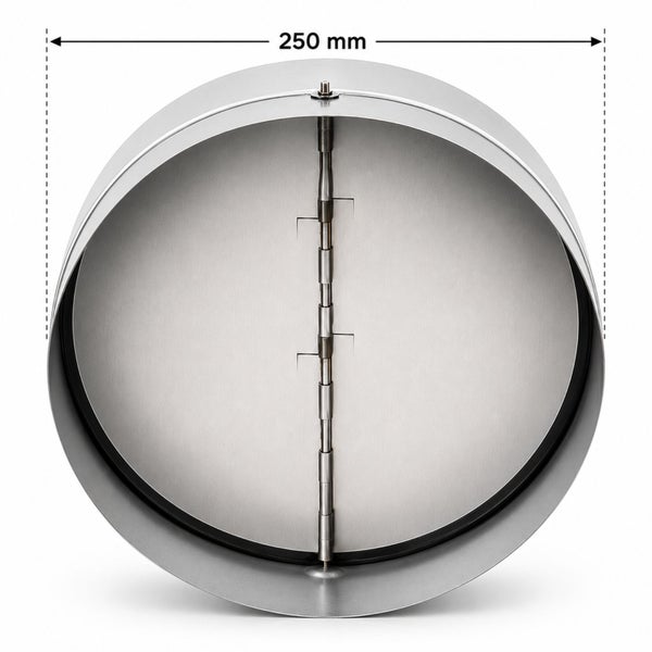 Rückschlagklappe aus Metall für Lüftungsrohre mit einem Durchmesser von 250 Millimetern.