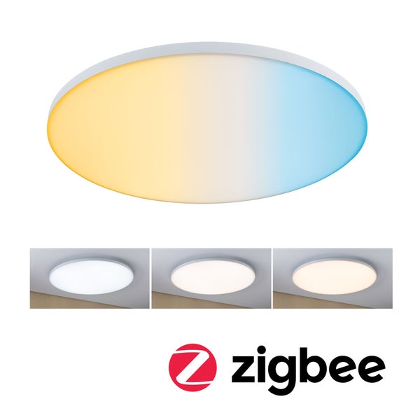 Runde LED-Deckenleuchte mit Zigbee-Technologie, Farbtemperatur einstellbar von Warmweiß bis Kaltweiß. Zigbee Logo.