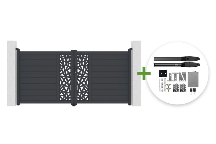 Doppelflügeltor mit dekorativem Ausschnitt in der Mitte inklusive elektrischem Torantrieb mit Fernbedienungen und Montagematerial.