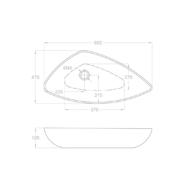 Technische Zeichnung eines asymmetrischen Aufsatzwaschbeckens: Breite 650 Millimeter, Tiefe 470 Millimeter, Höhe 120 Millimeter.