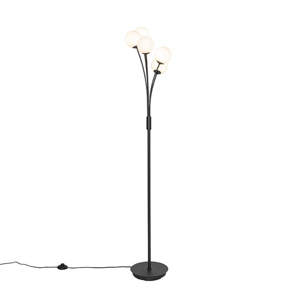 QAZQA - Moderne Stehlampe schwarz mit Opalglas 5-flammig - Athens I Wohnzimmer I Schlafzimmer - Stahl Rund - LED geeignet G9