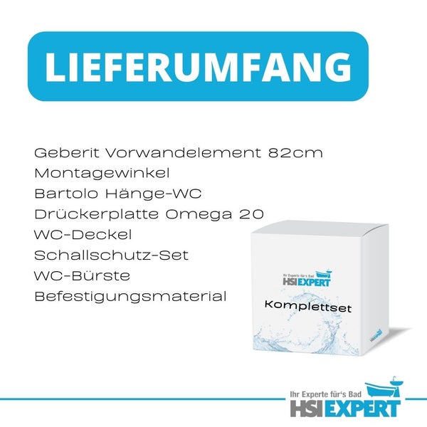 Lieferumfang eines Komplettsets für ein Hänge-WC mit Geberit Vorwandelement, Montagewinkel, Bartolo Hänge-WC, Drückerplatte Omega 20, WC-Deckel, Schallschutz-Set, WC-Bürste und Befestigungsmaterial