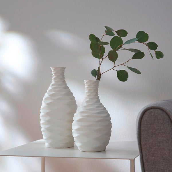 FRANK FLECHTWAREN|Dekovase White, 2er Set, 13 x 13 x 24 cm, 13 x 13 x 28 cm, PORZELLAN