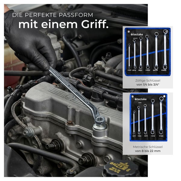 Eine Hand in einem schwarzen Handschuh hält einen Steckschlüssel an einem Motor; Satz von metrischen und zölligen Steckschlüsseln.