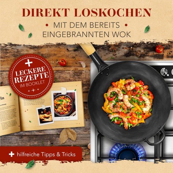 KRUSTENZAUBER 30cm Wokpfanne Induktion voreingebrannt - Traditionelle Stahlwokpfanne mit Wokwender u. Wokring - Wok Pfanne, Wok Induktion, Woklette, Wok Zubehör, Carbon Steel Wok Karbonstahl
