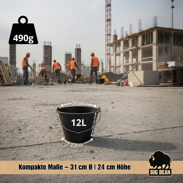 Maurereimer aus Kunststoff mit 12 Liter Fassungsvermögen, 31 cm Durchmesser und 24 cm Höhe, 490 Gramm Gewicht, Big Dean Logo.