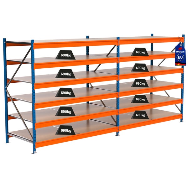 Lagerregal mit sechs Böden und einer Traglast von 690 Kilogramm pro Boden